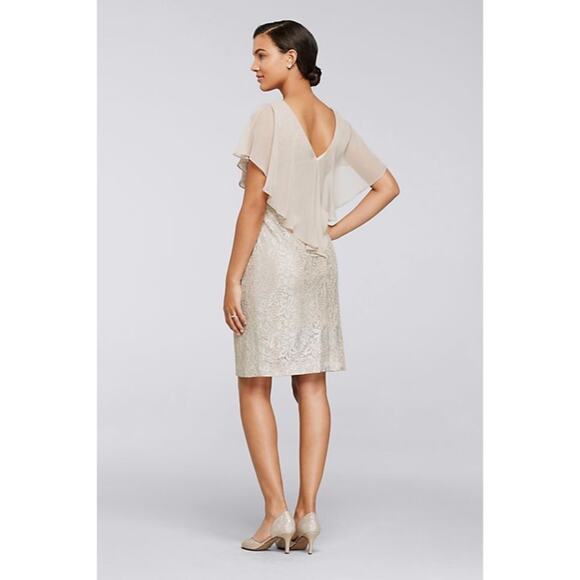 JESSICA HOWARD Short Glitter Lace Dress With Chiffon Capelet In Champagne Sz 12 - Picture 4 of 15